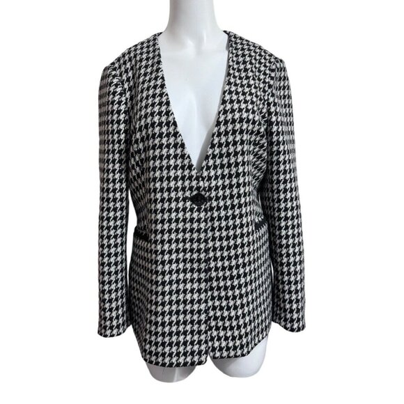 Express Houndstooth Wool Blend Blazer Jacket Black White Academia Womens 12 - Picture 2 of 14